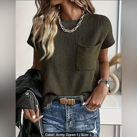 New Green Short Sleeve Sweater Top, Large, knit, Crew Neck - Picture 2 of 4